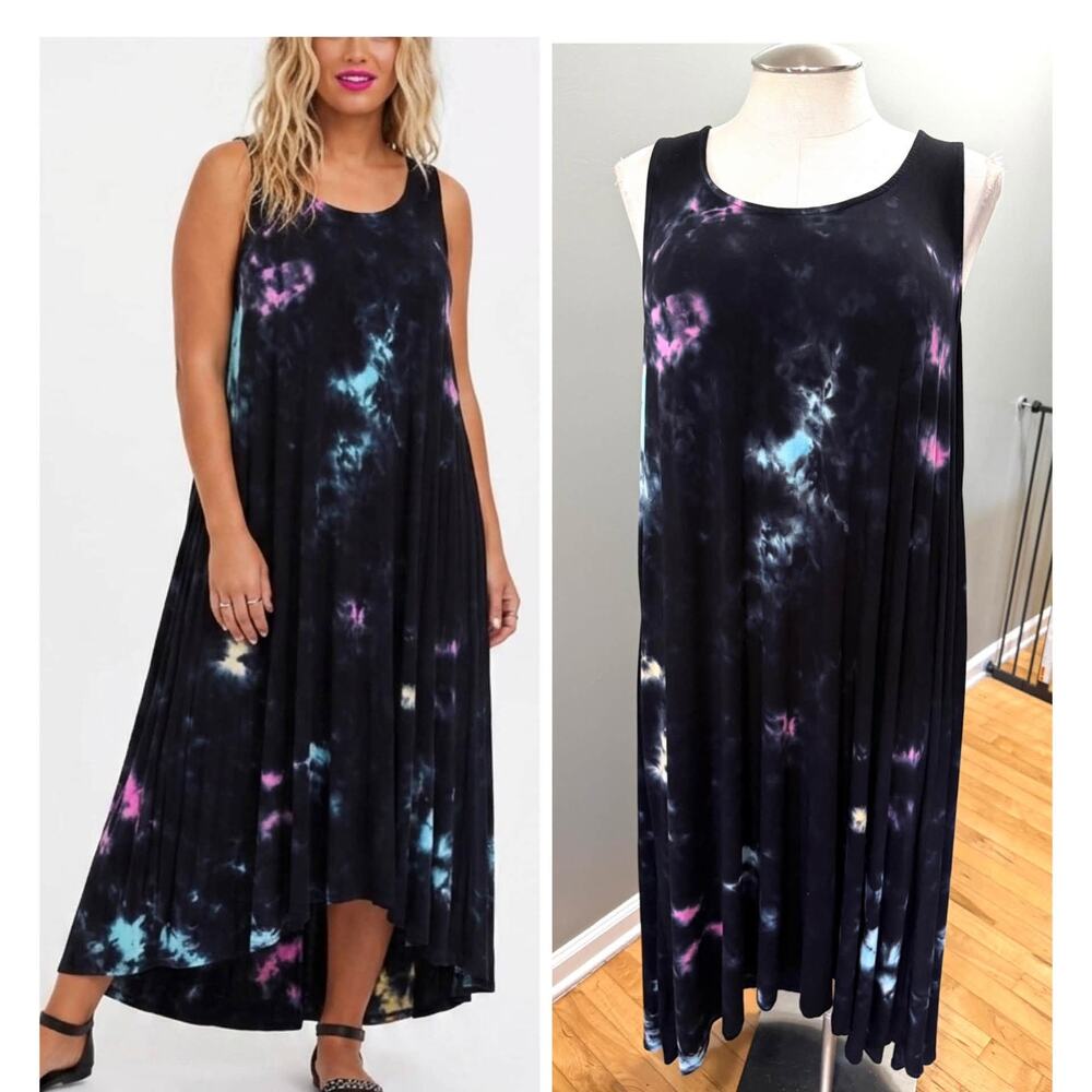 Torrid 3 (3X 22/24) Black Pink Blue Tie Dye Super Soft Hi Low Hem Maxi Dress New